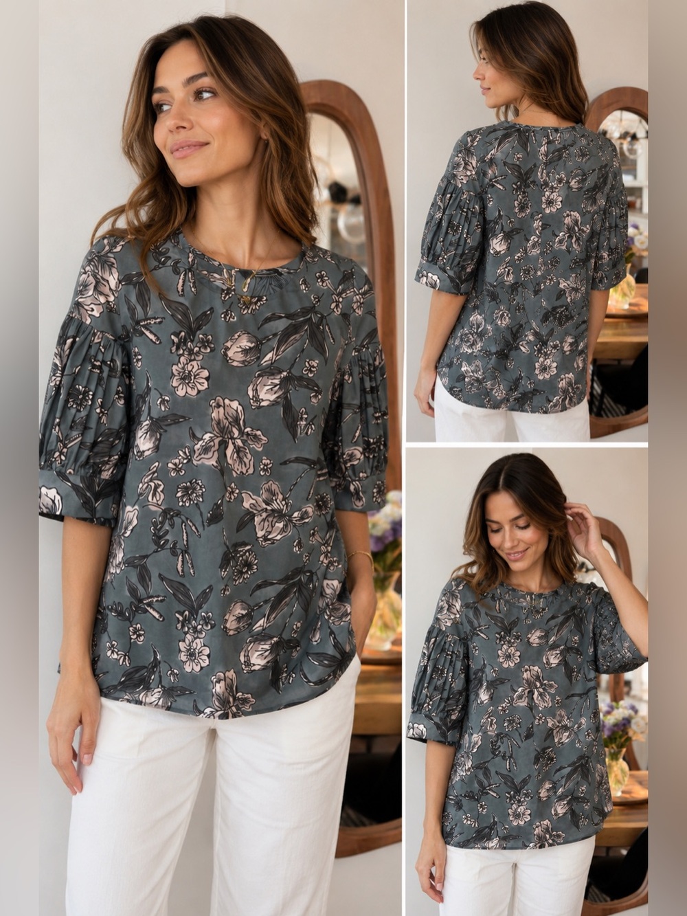 S Max Mara Floral Cotton Poplin Puff Sleeve Blouse